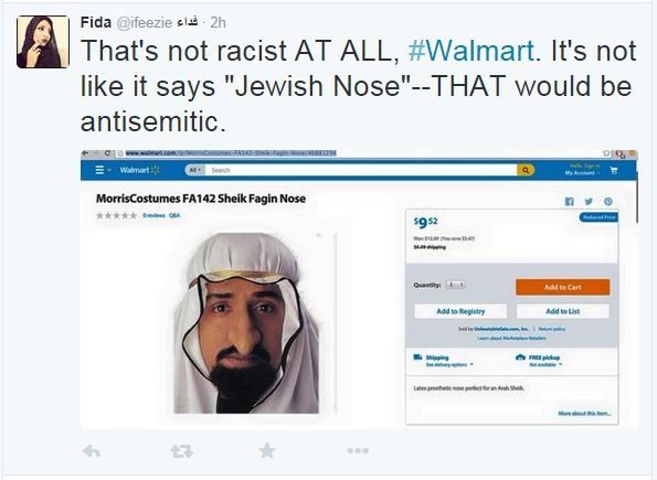 Tweet showing picture of "Sheikh Fagin nose" product from user @ifeezie with the comment: "That's not racist AT ALL, Walmart. It's not like it says "Jewish Nose"--THAT would be antisemitic."