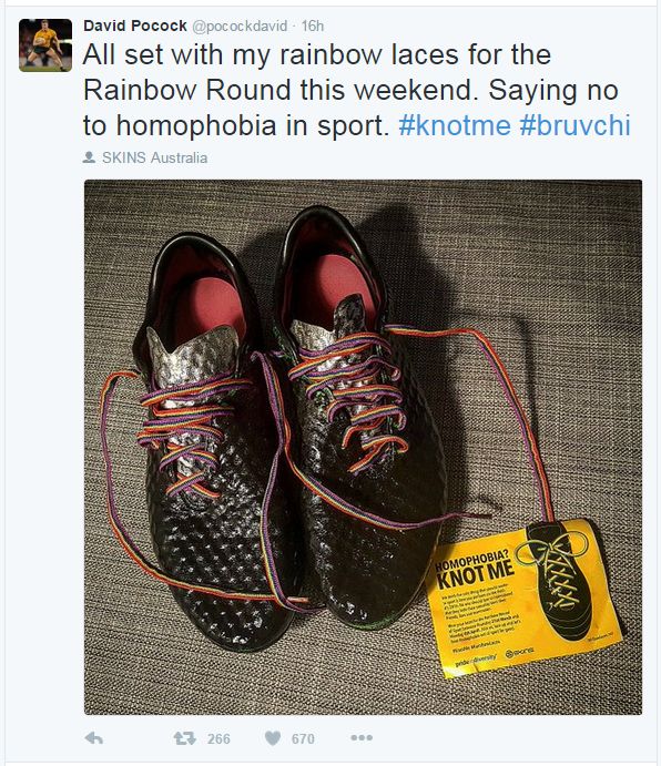 A tweet from David Pocock reads: "All set with my rainbow laces for the Rainbow Round this weekend. Saying no to homophobia in sport. #knotme #bruvchi"