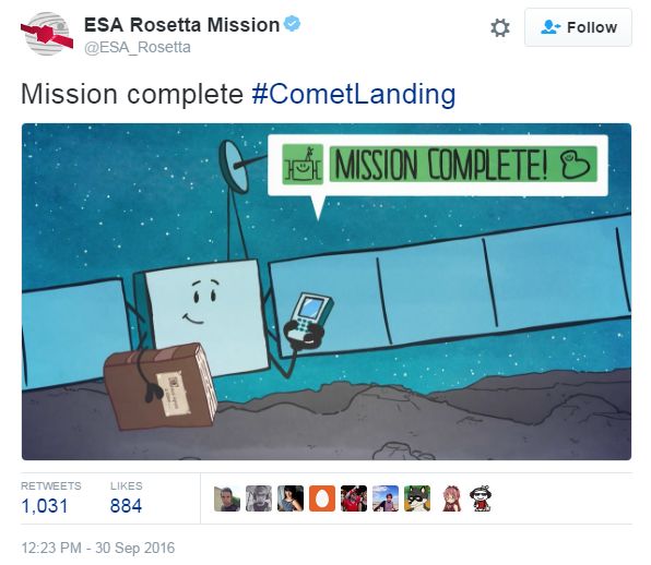Tweet by @ESA_Rosetta saying mission complete