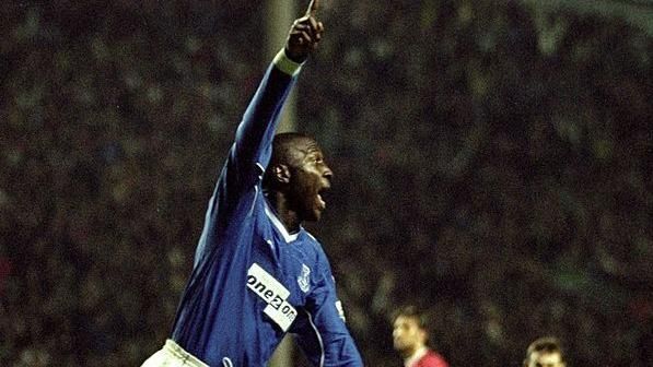 Kevin Campbell celebrates scoring Everton's winner at Anfield in September 1999