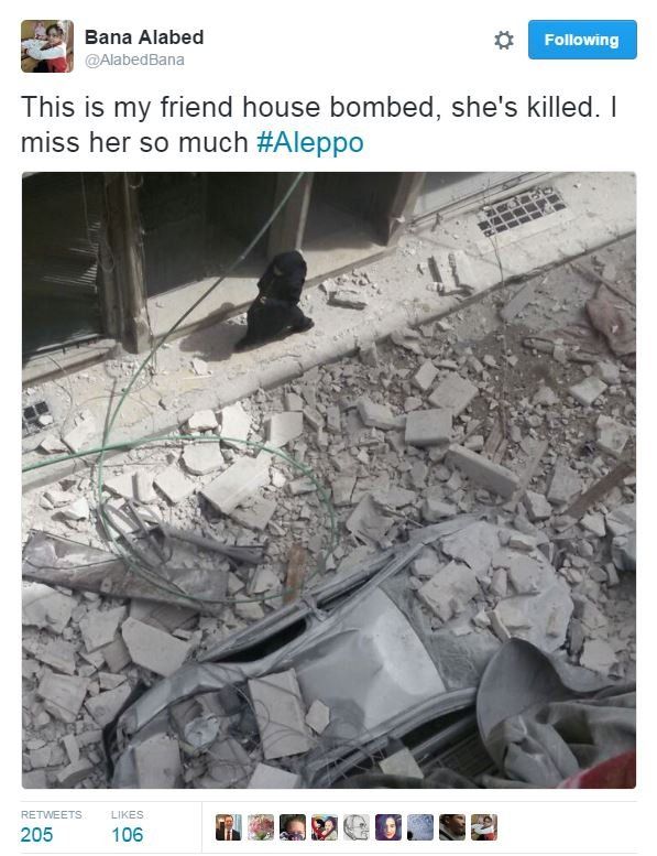 Tweet from @alabedbana showing a ruined building, with a car crushed beneath rubble in the street. Text reads: This is my friend house bombed, she's killed. I miss her so much #Aleppo