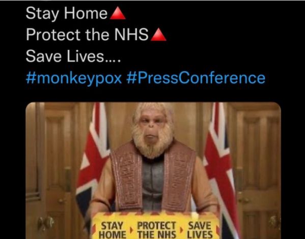 a tweet reading "stay home, protect the NHS, save lives #monkeypox #PressConference" with a picture of a monkey standing at the government's announcement podium