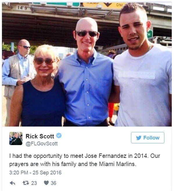 Tweet; I had the opportunity to meet Jose Fernandez in 2014. Our prayers are with his family and the Miami Marlins.