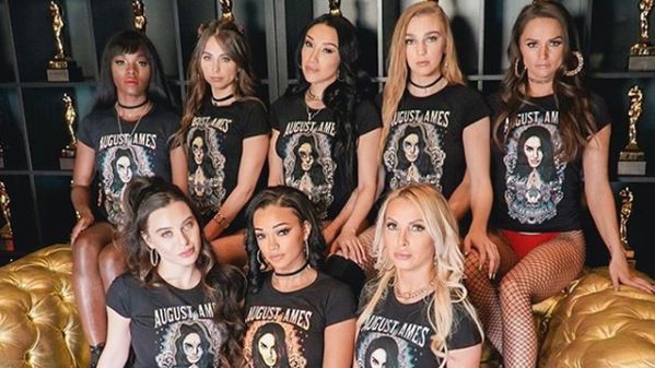 Women performers wear August Ames commemorative t-shirts