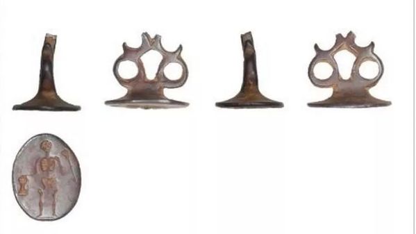 A photo shows four items on the top row. The first item is a metal with a long base which gets thinner. Next to it is another metal shape with two circles either side and four spikes at the top. The pattern repeats. Below the four items is an oval metal with a skeleton etched into the item