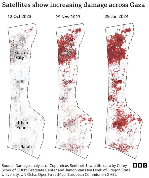 A map graphic showing the increasing damage across Gaza from October to November to January