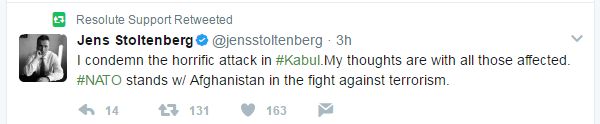 Jens Stoltenberg tweet - I condemn the horrific attack in Kabul. My thoughts are with all those affected. Nato stands w/ Afghanistan in the fight against terrorism