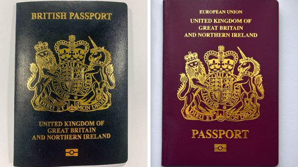 左至右：新版蓝色英国护照与欧盟成员时代的红酒色英国公民护照
