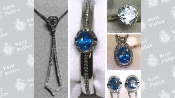 A compilation photo of several items of silver jewellery, some with large blue sapphires.