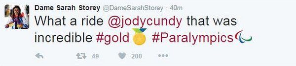 Dame Sarah Storey's tweet of congratulations to gold medallist Jody Cundy