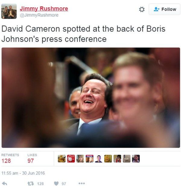 Tweet reads: "David Cameron spotted at the back of Boris Johnson's press conference"