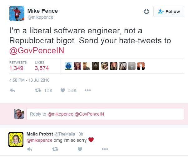 Tweet from @mikepence: I'm a liberal software engineer, not a Republocrat bigot. Send your hate-tweets to @GovePenceIN