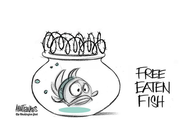 Cartoon by Ann Telnaes showing a fish in a fishbowl surrounded by barbed wire
