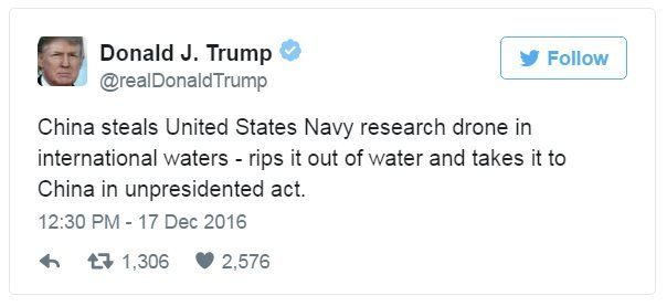 Tweet: China steals United States Navy research drone in international waters - rips it out of water and takes it to China in unpresidented act.