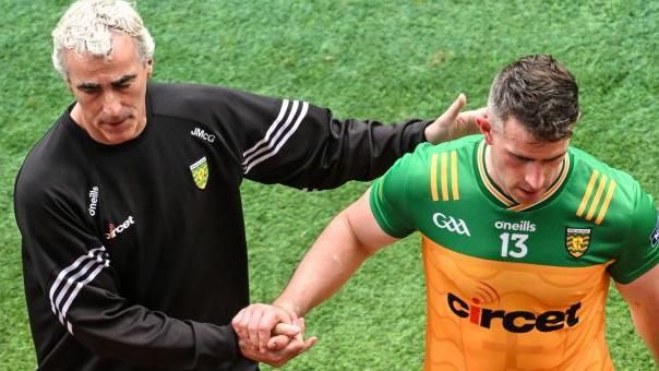 Donegal boss Jim McGuinness shakes hands with Patrick McBrearty