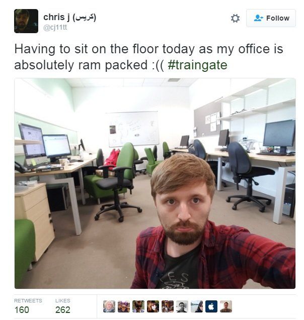 @cj11tt tweets: Having to sit on the floor today as my office is absolutely ram packed :(( #traingate