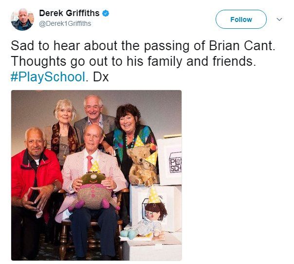 Derek Griffiths tweet: "Sad to hear about the passing of Brian Cant. Thoughts go out to his family and friends."
