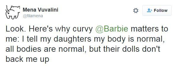 Tweet reads: Here's why curvy Barbie matters to me: I tell my daughters my body is normal, all bodies are normal, but their dolls don't back me up