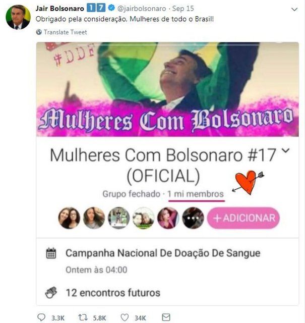 A screen grab of Bolsonaro's Twitter account thanking the hacked page for its support