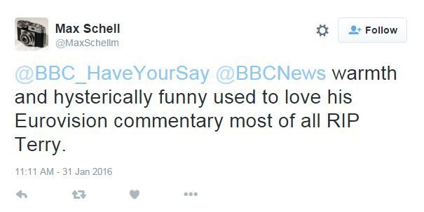 Tweet: warmth and hysterically funny used to love his Eurovision commentary most of all RIP Terry.