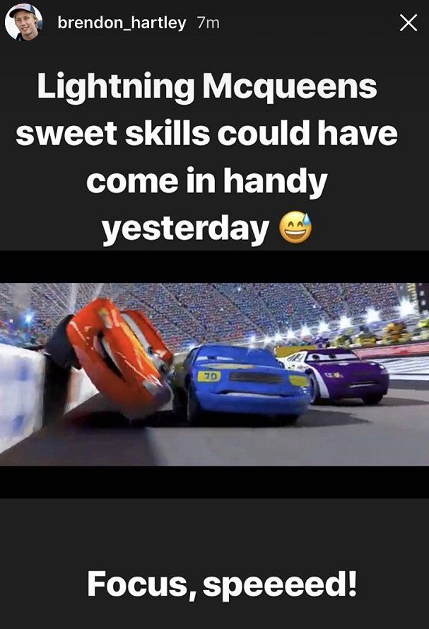 Brendon Hartley posts 'Lightning Mcqueen;s sweet skills could have come in handy yesterday' on Instagram