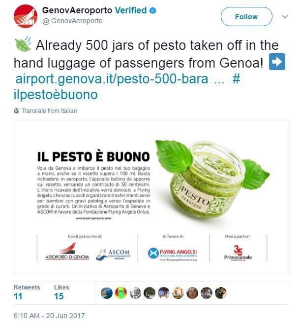 Genoa airport tweeted in Italian: "Already 500 jars of pesto taken off in the hand luggage of passengers from Genoa!"