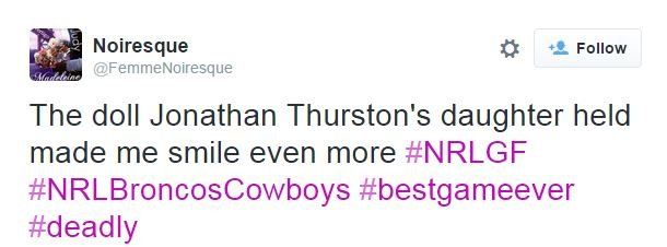 Tweet by Noiresque: "The doll Jonathan Thurston's daughter held made me smile even more. #NRLGF #NRLBroncosCowboys #bestgameever #deadly"