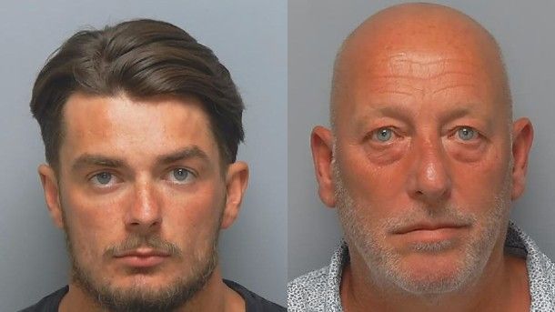 Kieron Marney is on the left-hand side of the picture and Clive Patfield on the right. The pictures are police mugshots with both men staring directly at the camera.