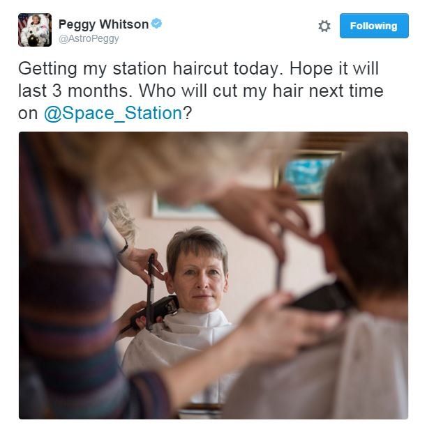 Peggy Whitson tweets: Getting my station haircut today. Hope it will last 3 months. Who will cut my hair next time on @Space_Station?