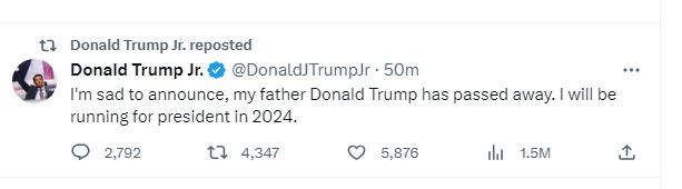 Tweet from Donald Trump Jr's X account saying his father had died