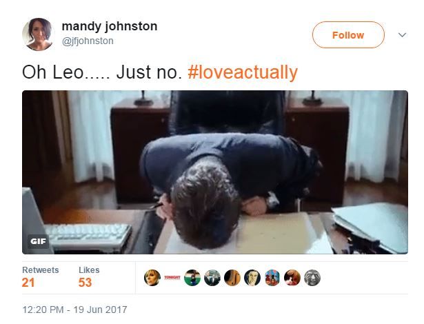 'Oh Leo....Just no. #loveactually' with a gif of PM Hugh Grant banging head on his desk