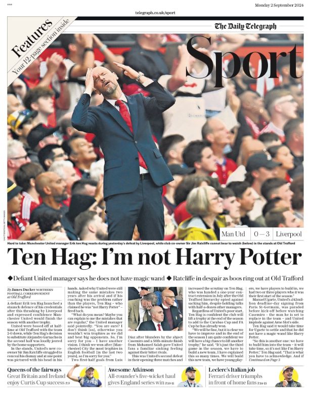 The sport section in Monday's Daily Telegraph