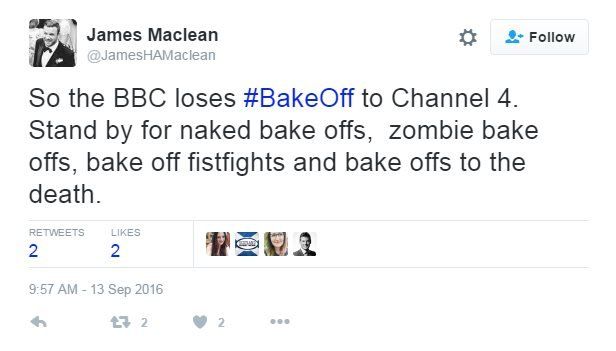 James Maclean on Twitter: So the BBC loses Bake Off to Channel 4. Stand by for naked bake offs, zombie bake offs, bake off fistfights and bake offs to the death