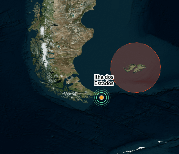 Mapa mostrando o submarino Conqueror interceptando o Belgrano