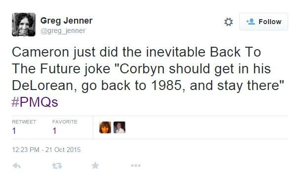 Tweet: Кэмерон только что исполнила неизбежную шутку «Назад в будущее» «Корбин должен сесть в свой DeLorean, вернуться в 1985 год и остаться там» #PMQs