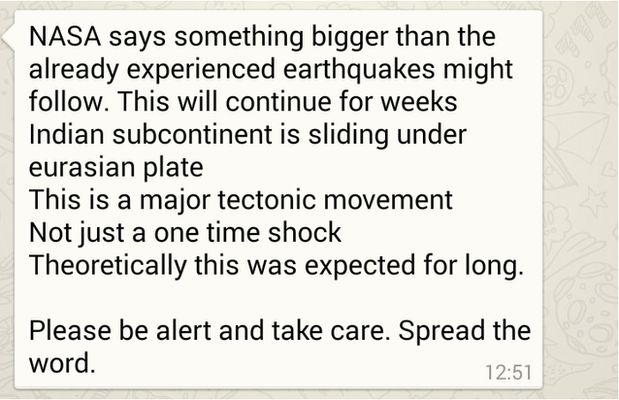 Screenshot of a WhatsApp message warning about earthquakes