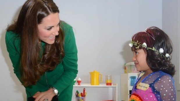 The Duchess of Cambridge meets Bailey Taylor, six, during her visit to the Rainbow Place Children's Hospice, Hamilton