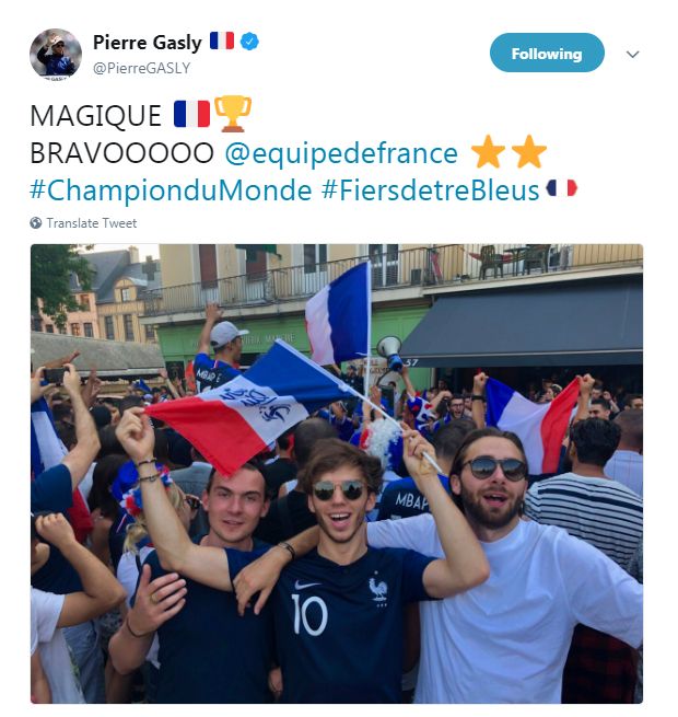 Pierre Gasly celebrates France winning the World Cup