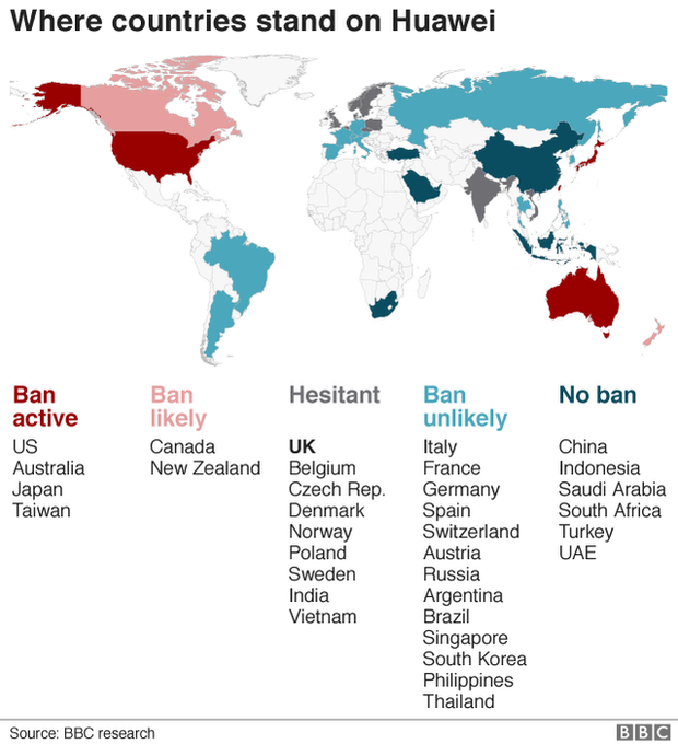 Map of where countries stand on Huawei