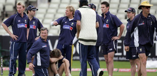 Glenn McGrath is crestfallen after standing on a stray cricket ball which would lead to him being ruled out of the 2005 Ashes Test at Edgbaston