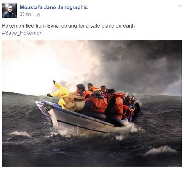 Pokemon in a small boat at sea with refugees