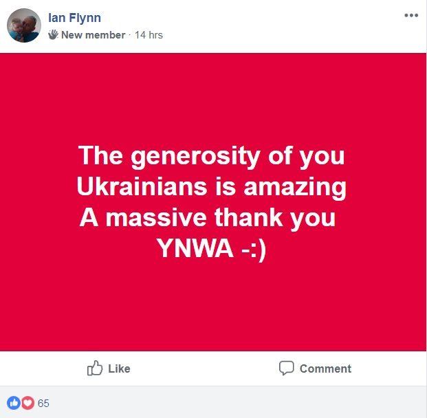 Facebook post thinking Ukrainians for their generosity
