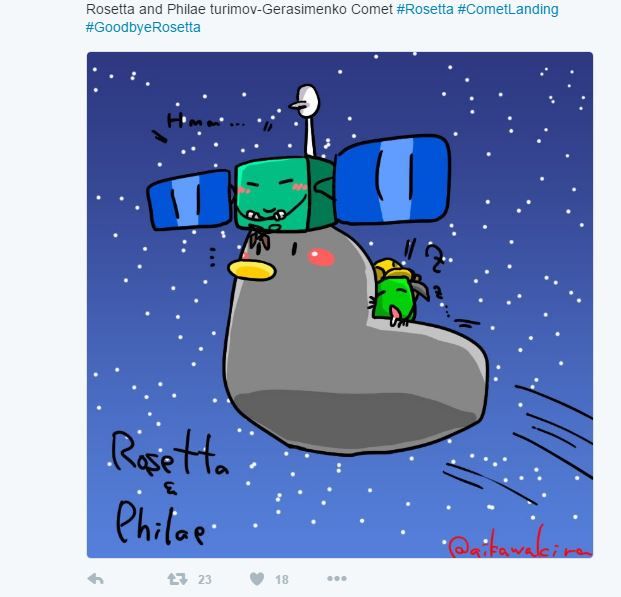 Cartoon showing Rosetta and Philae together at last