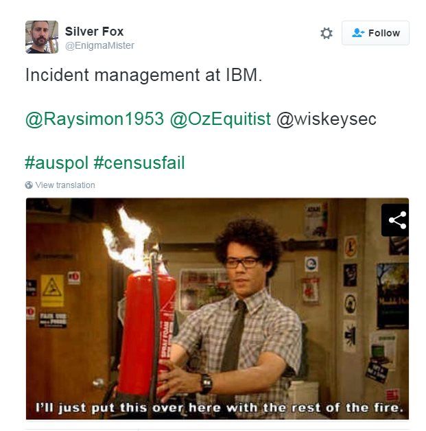 Twitter user Silver Fox shares a picture from the IT Crowd of Richard Ayoade and a fire extinguisher on fire