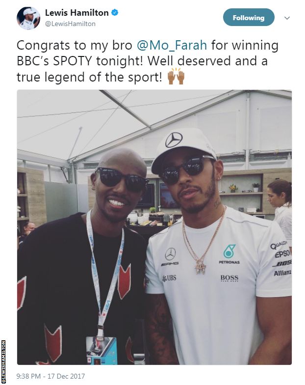British Olympic champion Sir Mo Farah and Mercedes F1 driver Lewis Hamilton