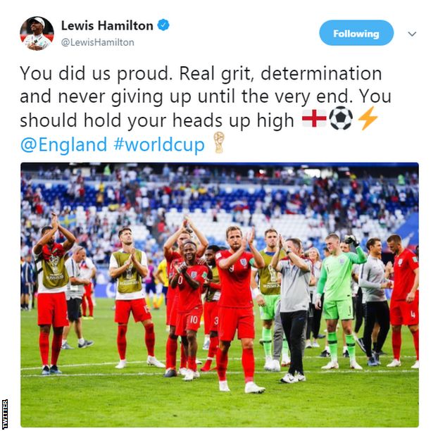 Lewis Hamilton tweets his support to the England football team after their World Cup semi-final defeat to Coatia