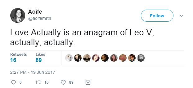 Love actually is an anagram Leo V, actually