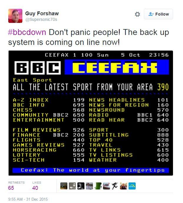 Tweet: #bbcdown Don't panic people! The back up system is coming on line now!