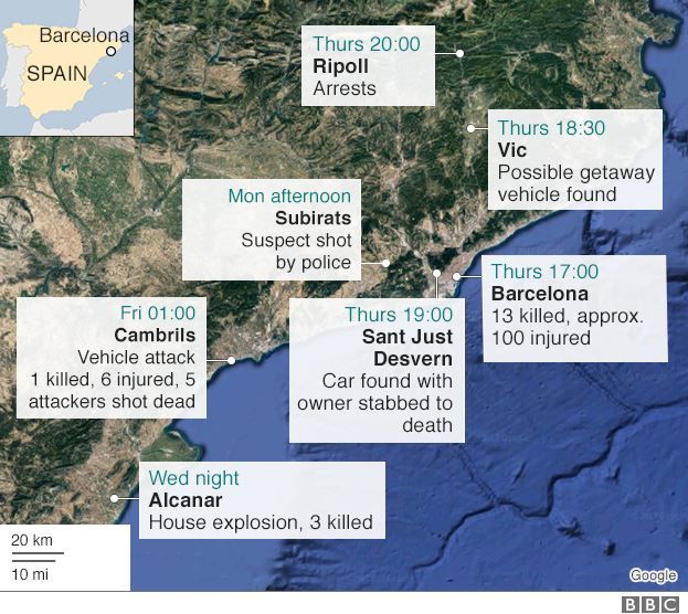 Timeline map showing Barcelona and subsequent attacks