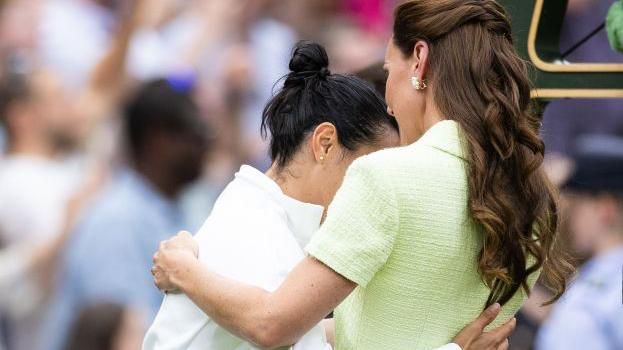Ons Jabeur is consoled by the Princess of Wales at Wimbledon 2023 after her loss to Marketa Vondrousova of the Czech Republic